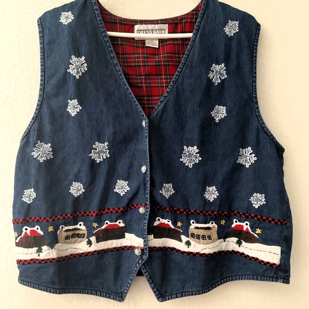 Vintage 90s Dress Barn Holiday Denim Vest Plus Size 2X Ugly Christmas Snowflake